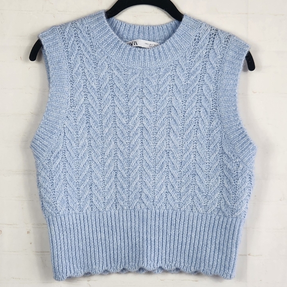 Zara Cable Knit Sweater Vest Preppy Cozy Wool Alpaca Blend Light Blue Small - Picture 3 of 13